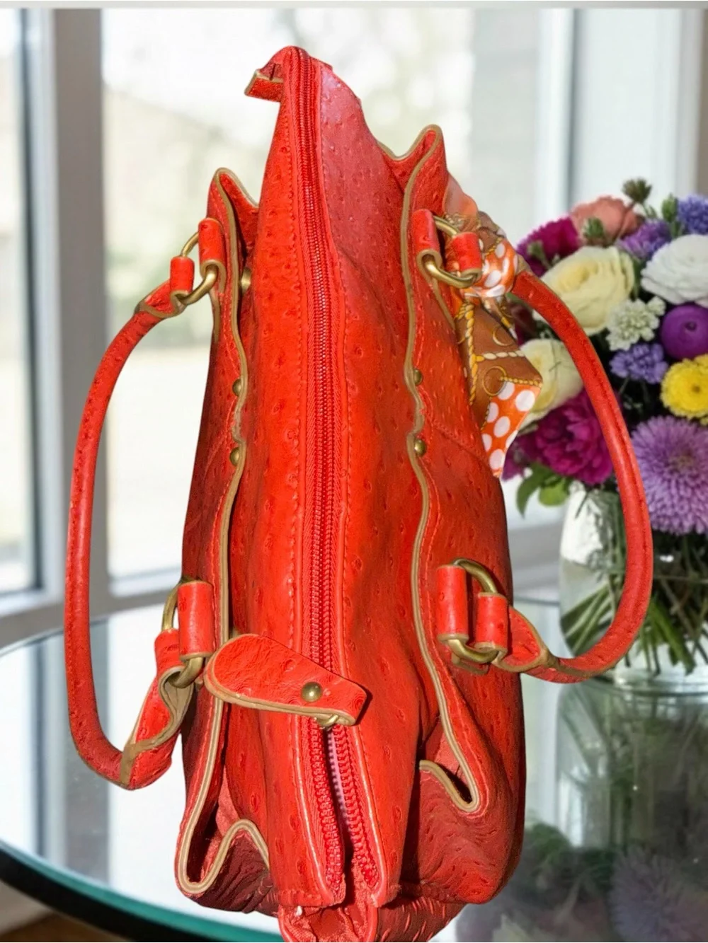 Bueno Red Ostrich Embossed Satchel Handbag with Scarf Accent